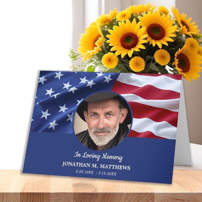 Patriotic Funeral American Flag Photo Memorial Thank You Card (Creator Uploaded)