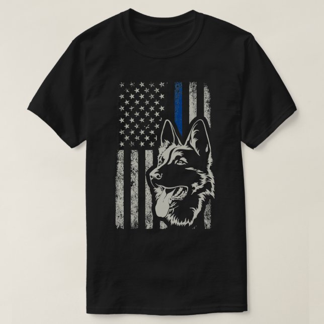 Patriotic German Shepherd K9 Unit Thin Blue Line P T-Shirt (Design Front)