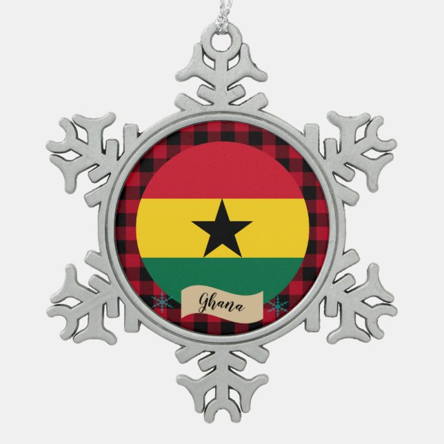 Patriotic Ghana, Red buffalo plaid, Ghanaian Flag Snowflake Pewter Christmas Ornament (Front)