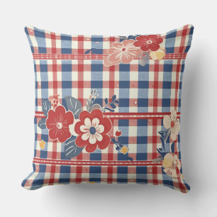 Patriotic Gingham with Floral Accents   Red White  Cushion