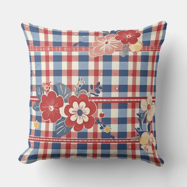 Patriotic Gingham with Floral Accents | Red White  Cushion (Front)
