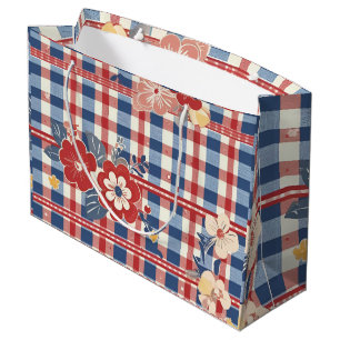 Patriotic Gingham with Floral Accents Red White Large Gift Bag