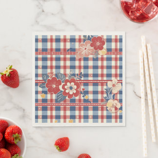 Patriotic Gingham with Floral Accents | Red White  Napkin