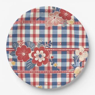 Patriotic Gingham with Floral Accents Red White Paper Plate