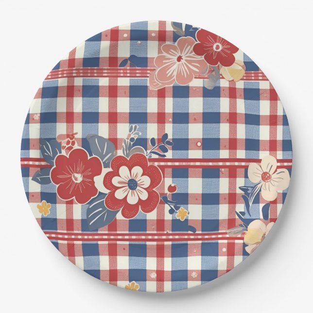Patriotic Gingham with Floral Accents | Red White  Paper Plate (Front)