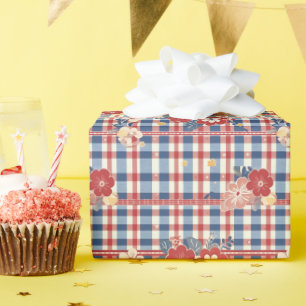 Patriotic Gingham with Floral Accents Red White Wrapping Paper