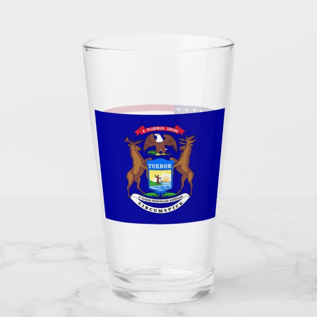 Patriotic glass cup with flag of Michigan (Front)