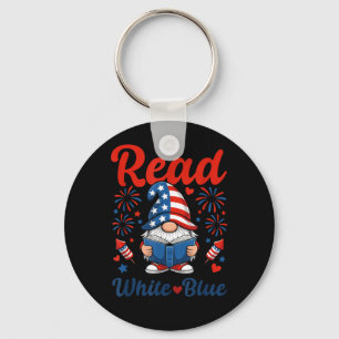 Patriotic Gnome Fireworks USA Read White Blue Key Ring