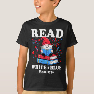 Patriotic Gnome Read White Blue 4th of July Book T-Shirt