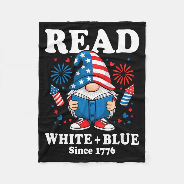 Patriotic Gnome Reading Fireworks Read White Blue Fleece Blanket (Front)