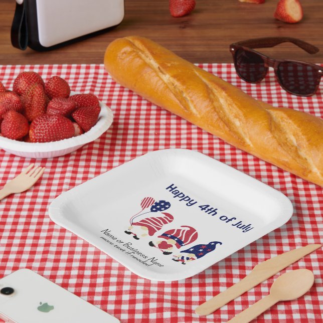 Patriotic Gnomes Stars & Stripes 7-in Square Party Paper Plate (Picnic)