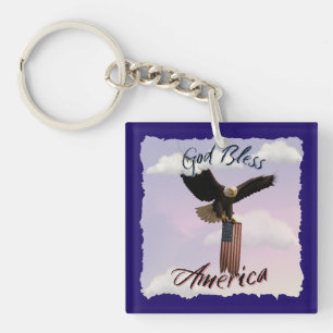 Patriotic "God Bless America" Bald Eagle and Flag Key Ring