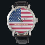 Patriotic Gold Monogrammed USA Flag Classic Mens Watch<br><div class="desc">Create your own custom, personalised, name monogram / initials, patriotic, all American, Stars and Stripes, Old Glory, Star-Spangled Banner, USA flag, stylish, mens classic vintage look black leather strap, alloy case, wrist watch, to show your pride, patriotism, love. Simply enter your name / family name /monogram initial, to customise. Makes...</div>
