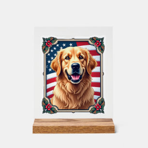 Patriotic Golden Retriever Corner Frame Shirt 3 Acrylic Sign