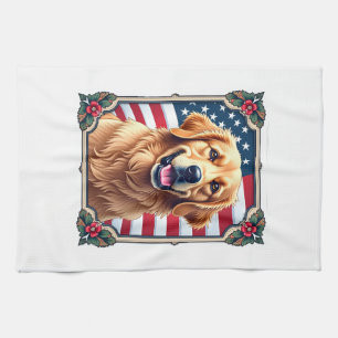 Patriotic Golden Retriever Corner Frame Shirt 3 Tea Towel