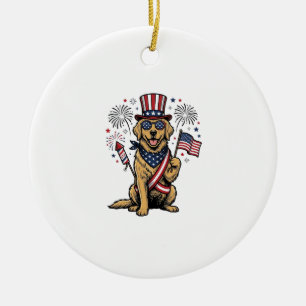 Patriotic Golden Retriever Fireworks Vintage Shirt Ceramic Tree Decoration