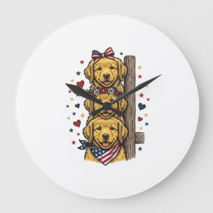 Patriotic Golden Retriever Puppies Vintage Shirt D Large Clock
