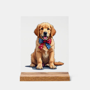 Patriotic Golden Retriever Puppy Vintage Shirt Acrylic Sign