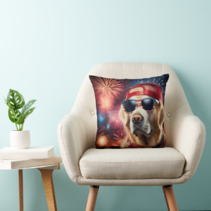 Patriotic Golden Retriever With Fireworks Cushion