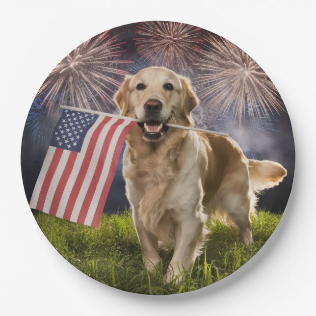 Patriotic Golden Retriever With Fireworks Paper Plate (Front)