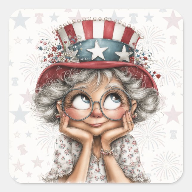 Patriotic Grandma Daydreaming Square Sticker (Front)