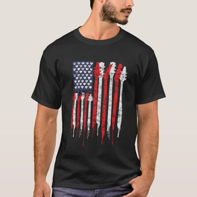 Patriotic Guitar Flag America Lovers Guitar Music T-Shirt (Front)