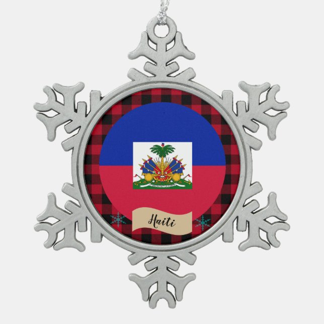 Patriotic Haiti, Red buffalo plaid, Haitian Flag Snowflake Pewter Christmas Ornament (Front)