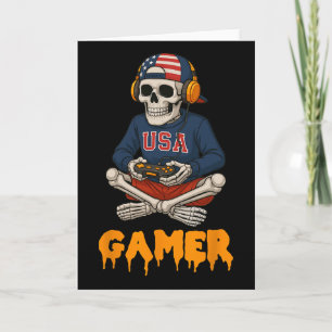 Patriotic Halloween Skeleton Gamer Funny Skeleton Card