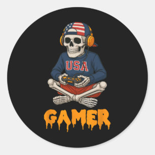 Patriotic Halloween Skeleton Gamer Funny Skeleton Classic Round Sticker