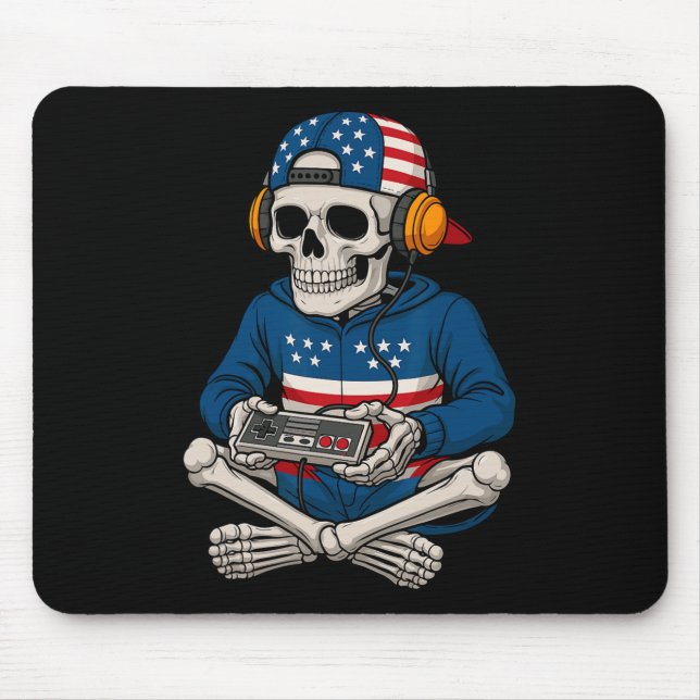 Patriotic Halloween Skeleton Gamer Funny Skeleton  Mouse Pad (Front)