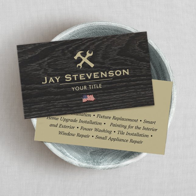 Patriotic Handyman Construction Dark Wood Business Card (Creator Uploaded)