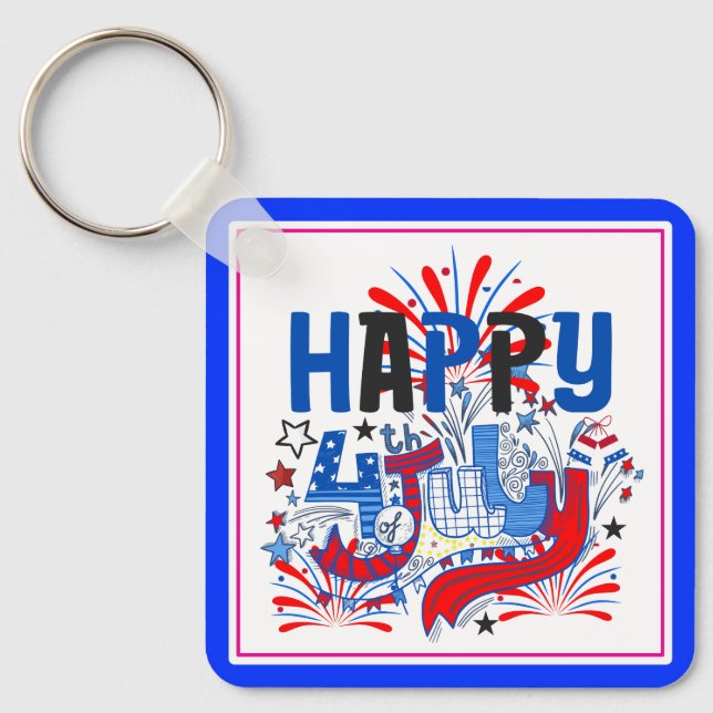 Patriotic Happy 4th of July Celebration Design Key Ring (Front)
