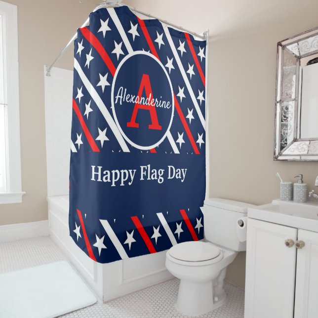 Patriotic Happy Flag day Red White and Blue stripe Shower Curtain (In Situ)