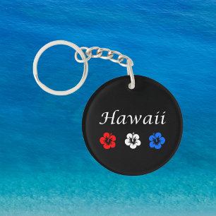 Patriotic Hawaii Aloha Red White Blue Flowers Key Ring