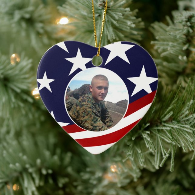 Patriotic Heart Always in My Heart Military Photo Ceramic Tree Decoration (Tree)