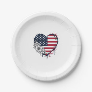 Patriotic Heart Floral Vintage Engraving Design_1 Paper Plate