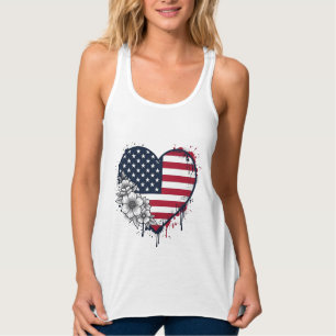 Patriotic Heart Floral Vintage Engraving Design_1 Singlet