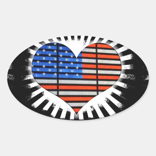 Patriotic Heart Shaped American Flag Neon Oval Sticker (Front)