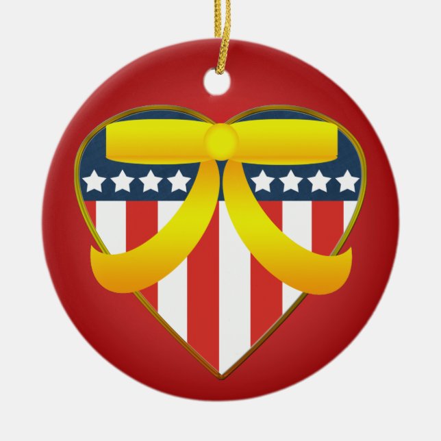 Patriotic Heart  Yellow Ribbon Round Ornament (Front)