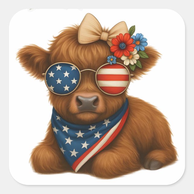Patriotic highland baby calf square sticker (Front)