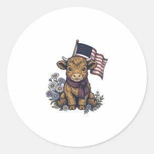 Patriotic Highland Calf with Flag Vintage Vector_1 Classic Round Sticker