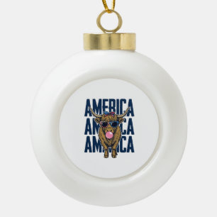Patriotic Highland Cow America Vintage T-Shirt Des Ceramic Ball Christmas Ornament