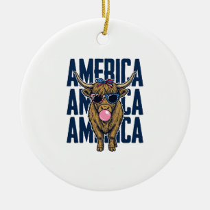 Patriotic Highland Cow America Vintage T-Shirt Des Ceramic Tree Decoration