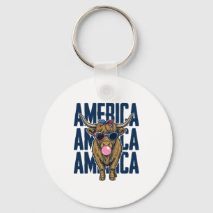 Patriotic Highland Cow America Vintage T-Shirt Des Key Ring