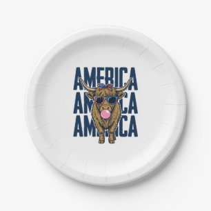 Patriotic Highland Cow America Vintage T-Shirt Des Paper Plate