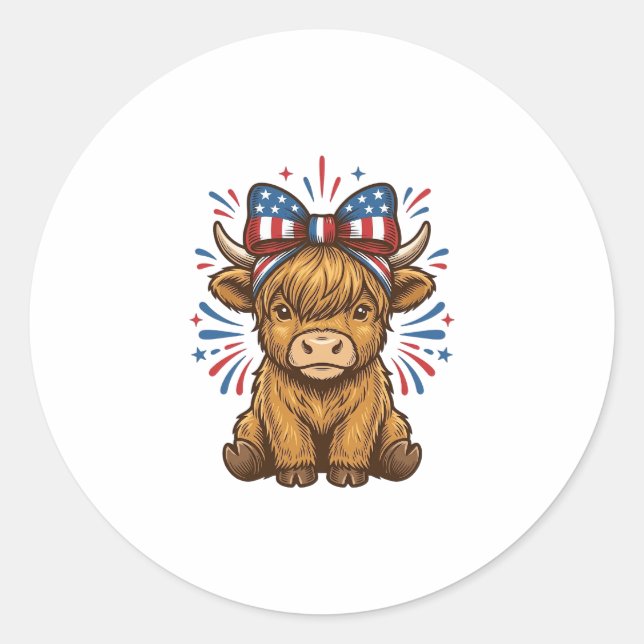 Patriotic Highland Cow Bow Vector Design (2)_1 Classic Round Sticker (Front)