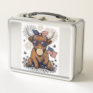 Patriotic Highland Cow Bubblegum Vintage Engraving Metal Lunch Box