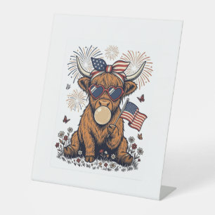 Patriotic Highland Cow Bubblegum Vintage Engraving Pedestal Sign