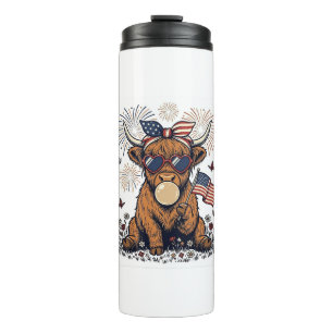 Patriotic Highland Cow Bubblegum Vintage Engraving Thermal Tumbler
