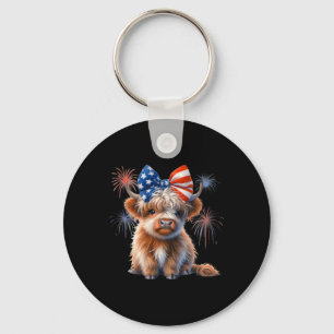 Patriotic Highland Cow Coquette 4th Of July Farmer Key Ring